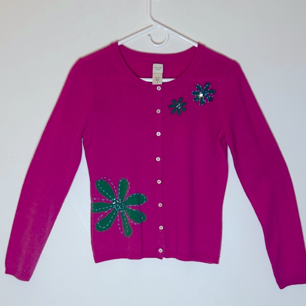 Garnet Hill Pink Cardigan with Green Appliqué Flowers, All Lambswool, SZ S